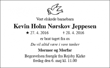 Dødsannoncen for Kevin Holm Nørskov Jeppesen - Rejsby 6780 Skærbæk