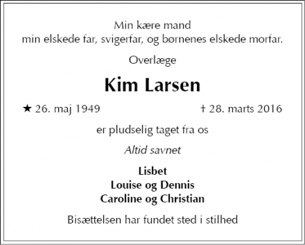 Dødsannoncen for Kim Larsen - Helsinge