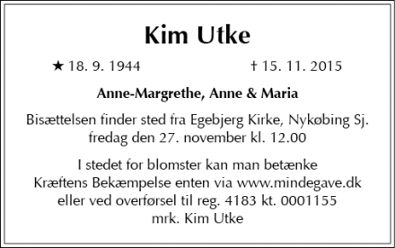 Dødsannoncen for Kim Utke - Egebjrg