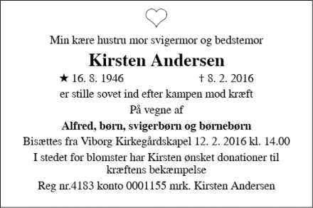 Dødsannoncen for Kirsten Andersen - Viborg