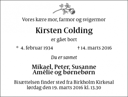 Dødsannoncen for Kirsten Colding - Herlev