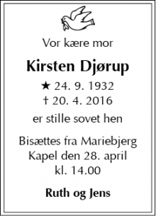 Dødsannoncen for Kirsten Djørup - Hellerup