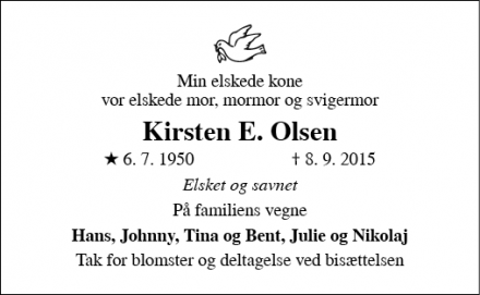 Dødsannoncen for Kirsten E Olsen - Tuse