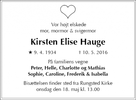 Dødsannoncen for Kirsten Elise Hauge - Rungsted