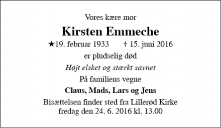Dødsannoncen for Kirsten Emmeche  - Allerød