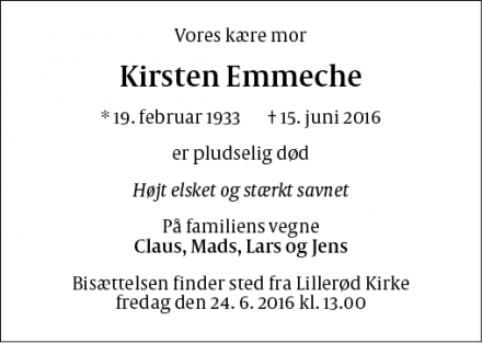 Dødsannoncen for Kirsten Emmeche  - Allerød