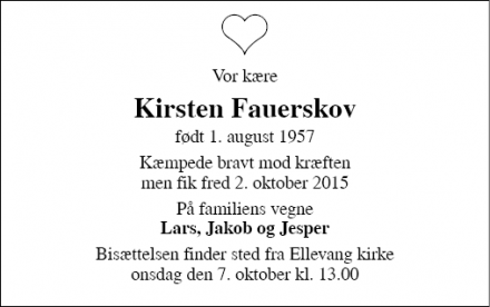 Dødsannoncen for Kirsten Fauerskov - Århus