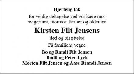 Dødsannoncen for Kirsten Filt Jensen - Gråsten