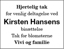 Dødsannoncen for Kirsten Hansen - Stokkemarke