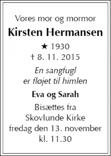 Dødsannoncen for Kirsten Hermansen - Skovlunde