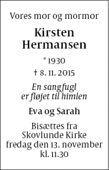 Dødsannoncen for Kirsten Hermansen - Skovlunde