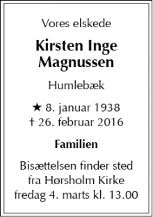 Dødsannoncen for Kirsten Inge Magnussen - Humlebæk