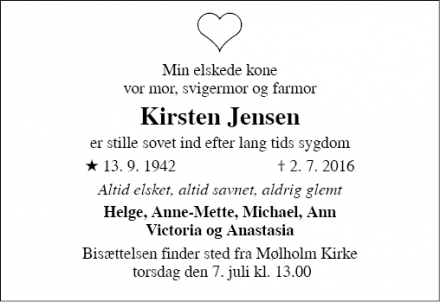 Dødsannoncen for Kirsten Jensen - Vejle