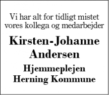 Dødsannoncen for Kirsten-Johanne Andersen - Videbæk