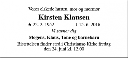 Dødsannoncen for Kirsten Klausen - Christiansø