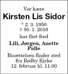 Dødsannoncen for Kirsten Lis Sidor - Rødby