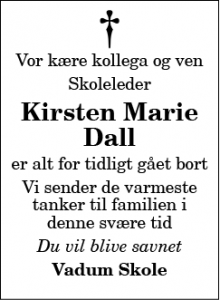 Dødsannoncen for Kirsten Marie Dall - Hune