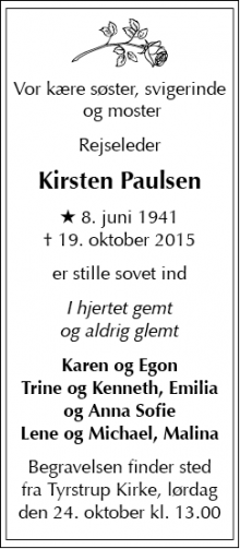 Dødsannoncen for Kirsten Paulsen - Christiansfeld