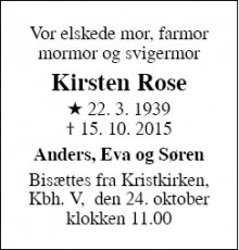 Dødsannoncen for Kirsten Rose - Helsingør