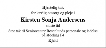 Dødsannoncen for Kirsten Sonja Andersen - Søborg