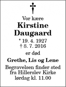 Dødsannoncen for Kirstine Daugaard - Thisted