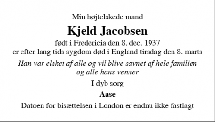 Dødsannoncen for Kjeld Jacobsen - London