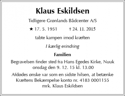 Dødsannoncen for Klaus Eskildsen - 3900 Nuuk
