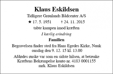 Dødsannoncen for Klaus Eskildsen - 3900 Nuuk