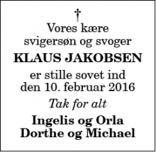 Dødsannoncen for Klaus Jakobsen - Sindal