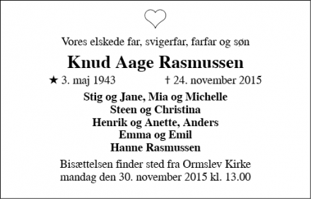 Dødsannoncen for Knud Aage Rasmussen - Ormslev, Viby J