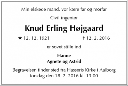 Dødsannoncen for Knud Erling Højgaard - Aalborg
