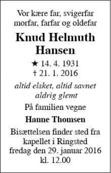 Dødsannoncen for Knud Helmuth Hansen - Ringsted