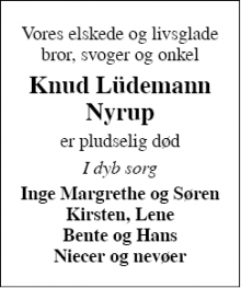 Dødsannoncen for Knud Lüdemann Nyrup - Viborg