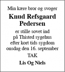 Dødsannoncen for Knud Refsgaard Pedersen - Nors 7700 Thisted