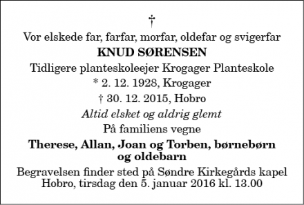 Dødsannoncen for Knud Sørensen - Gudme