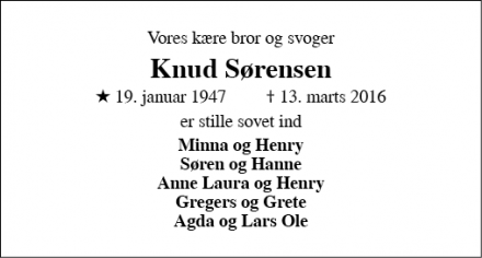 Dødsannoncen for Knud Sørensen - Tapdrup