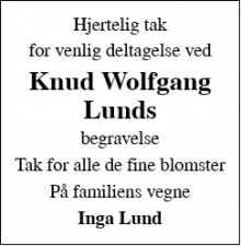 Dødsannoncen for Knud Wolfgang Lund - Kragelund