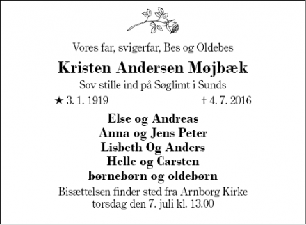 Dødsannoncen for Kristen Andersen Møjbæk  - Arnborg 7400Herning 