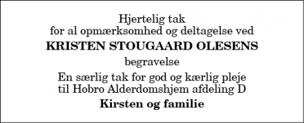 Dødsannoncen for Kristen Stougaard Olesen - HOBRO