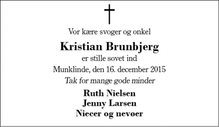 Dødsannoncen for Kristian Brunbjerg - Munklinde