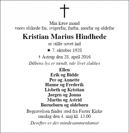 Dødsannoncen for Kristian Marius Hindhede  - Astrup