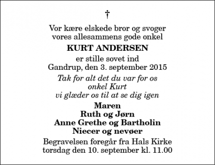 Dødsannoncen for Kurt Andersen - Gandrup