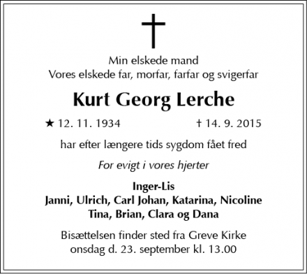 Dødsannoncen for Kurt Georg Lerche - Greve