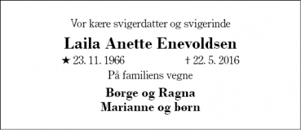 Dødsannoncen for Laila Anette Enevoldsen - Sunds