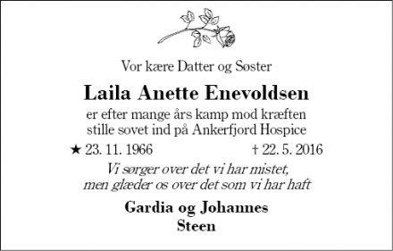 Dødsannoncen for Laila Anette Enevoldsen 1 af 2 - Sunds