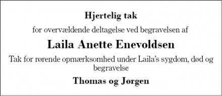 Dødsannoncen for Laila Anette Enevoldsen - Sunds