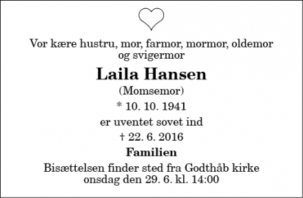 Dødsannoncen for Laila Hansen - Svenstrup J