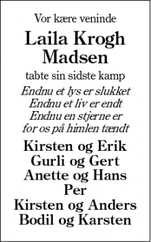 Dødsannoncen for Laila Krogh Madsen - Sunds 