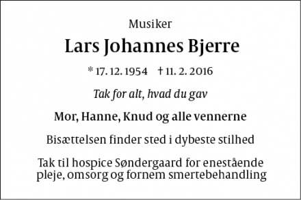 Dødsannoncen for Lars Johannes Bjerre - København