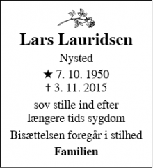 Dødsannoncen for Lars Lauridsen - Nysted